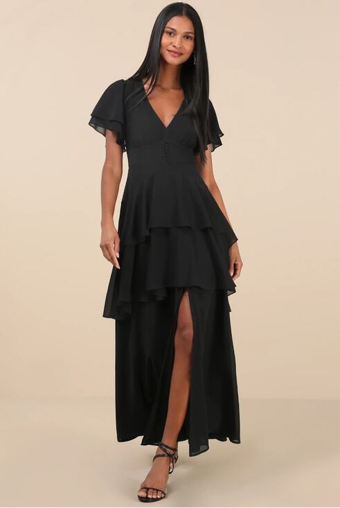 Lulus Dresses & Skirts - Lulus Midnight Mood Black Tiered Open Back Slit Chiffon A Line Maxi Dress Medium